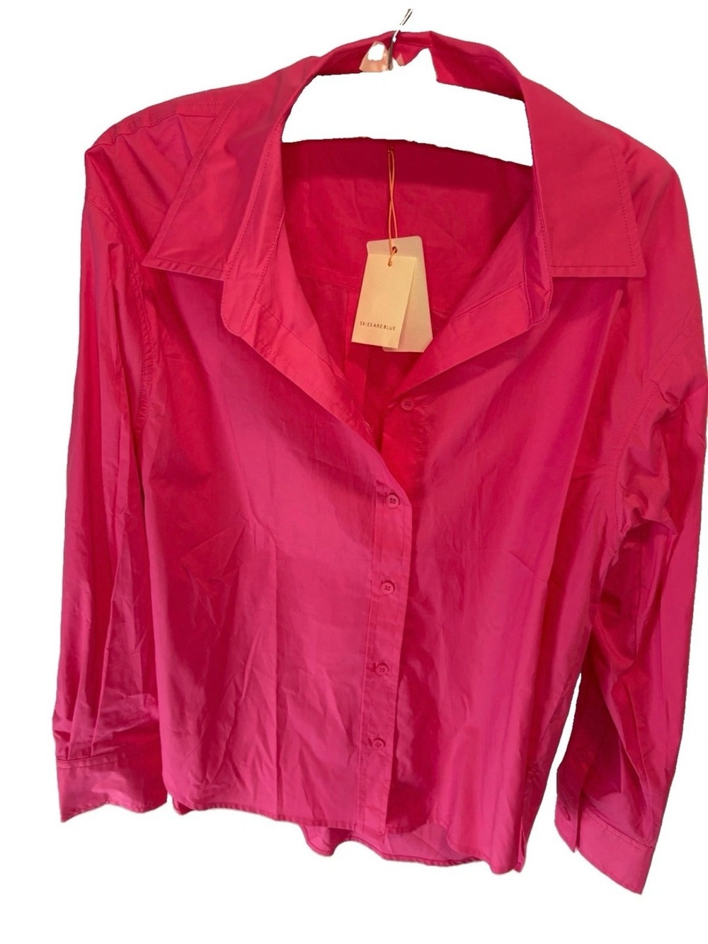 Skies Are Blue Women's NWT Hi Lo Hem Button Up Long Sleeve Hot Pink Cotton Top